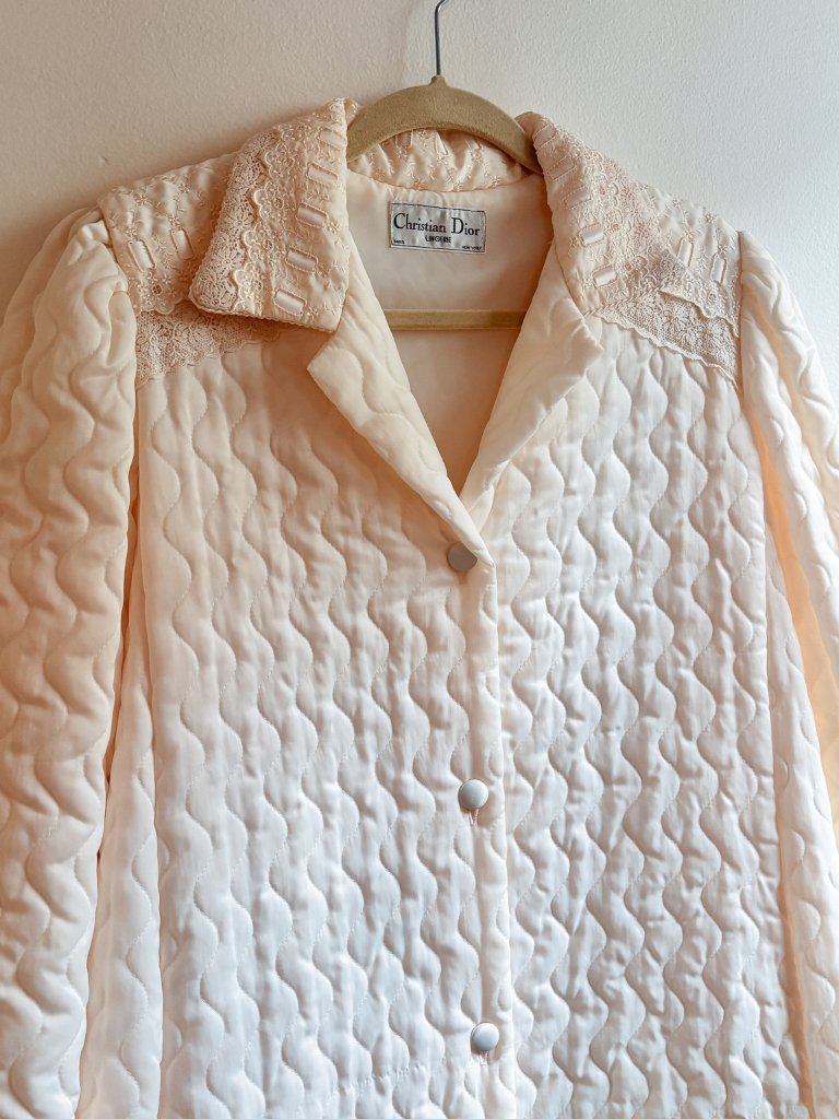 Vintage Christian Dior Lingerie Ivory Quilted Lace Maxi Robe Dressing Gown